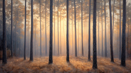 Obraz premium Majestic Loblolly Pines at Sunrise: A Symphony of Light and Nature in a Serene Forest
