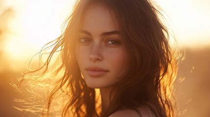 Golden Hour Beauty Portrait: A Woman's Face Bathed in Warm Sunlight,  Freckles and Windblown Hair