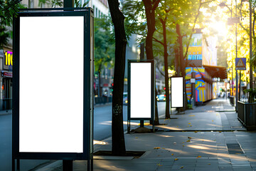 Row of blank advertising billboards on a tree-lined urban street during the daytime. Ideal for marketing, advertising, or branding concepts with customizable copy space