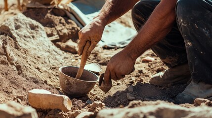 An archaeologist excavating ancient artifacts at a historical dig site, with archaeological tools and unearthed relics, Archaeological excavation scene