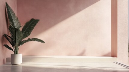 Minimal decor with tropical plant and soft light on pastel wall