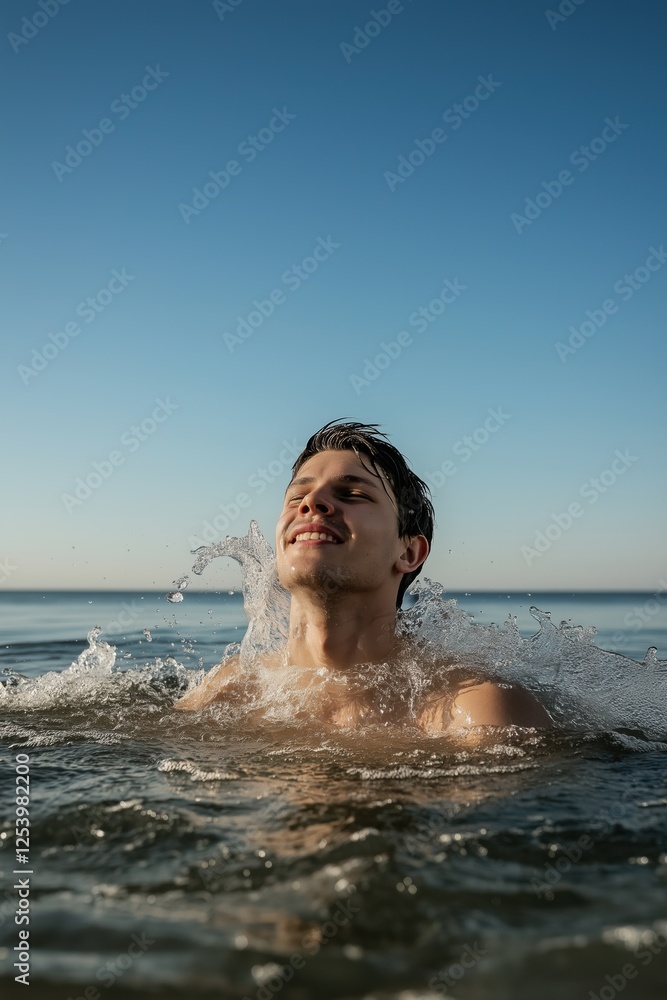 Poster a man is in the ocean, splashing water around him. he is smiling and he is enjoying himself