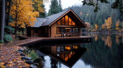 Obraz premium Autumn Cabin on Lakeside Dock