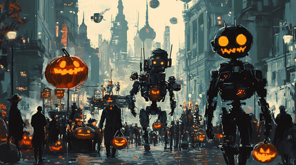 Halloween parade with costumed cyborgs and holographic floats in an industrial cityscape. Puppet Dystopia. Illustration