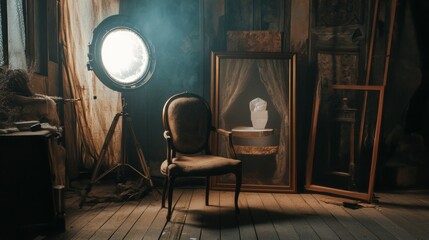 Rustic artist studio with vintage chair and dramatic lighting