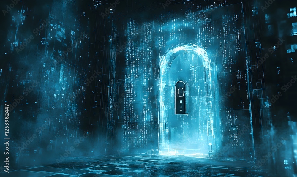 Poster a digital gateway with a glowing lock, surrounded by binary code and a mysterious atmosphere