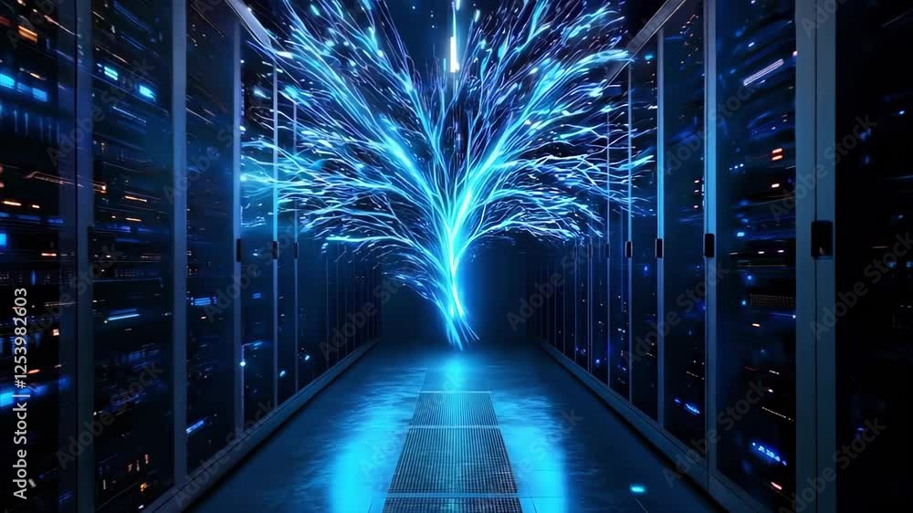 Aufkleber a digital representation of a glowing blue tree emerging in a data center filled with server racks.