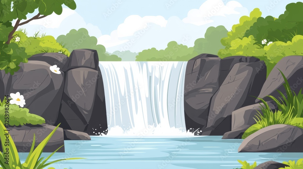 Poster beautiful cascading waterfall surrounded by lush greenery and rocks in a serene natural landscape du