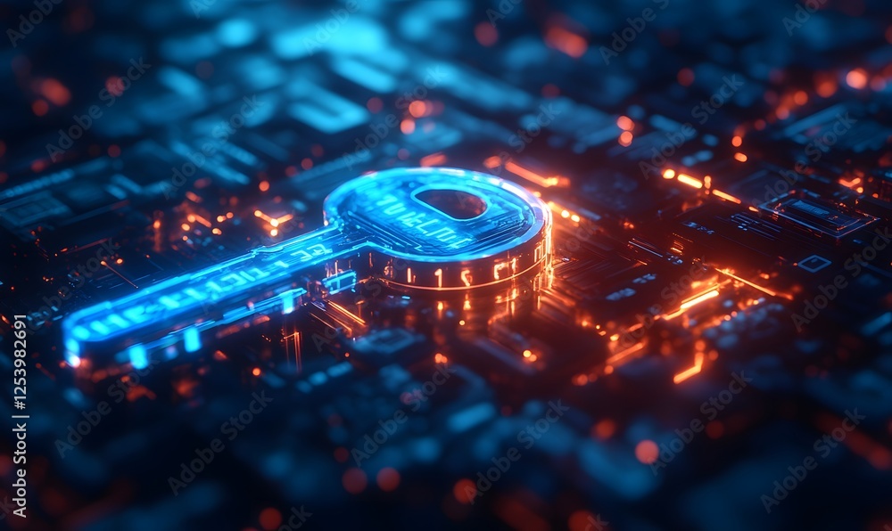 Aufkleber digital key embedded in circuit board with glowing blue edges and orange accents showing