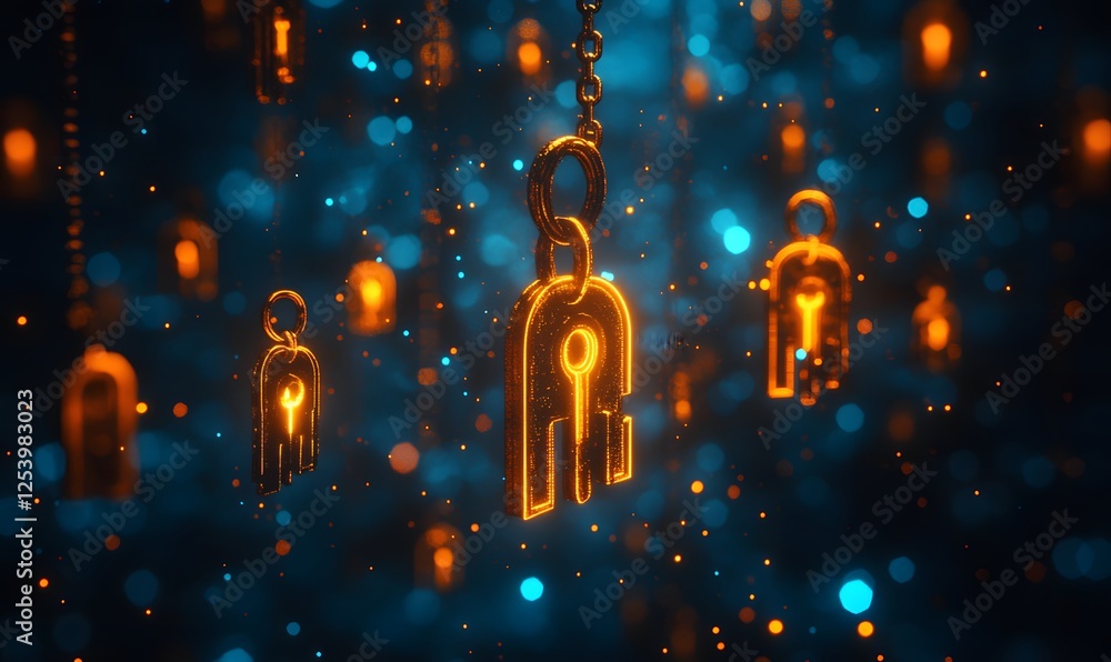 Poster golden key figures hanging on chains amidst a glowing bokeh background creating abstract art