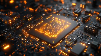 Obraz premium Abstract technology background featuring golden circuits and digital components