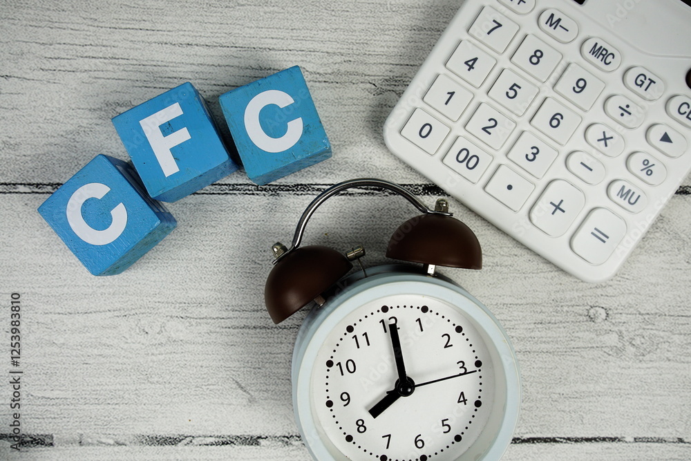 Poster cfc (cash flow control) text with alarm clock and calculator on wooden background