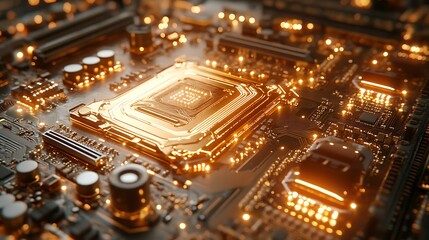 Obraz premium Glowing gold motherboard with futuristic patterns and detailed circuits