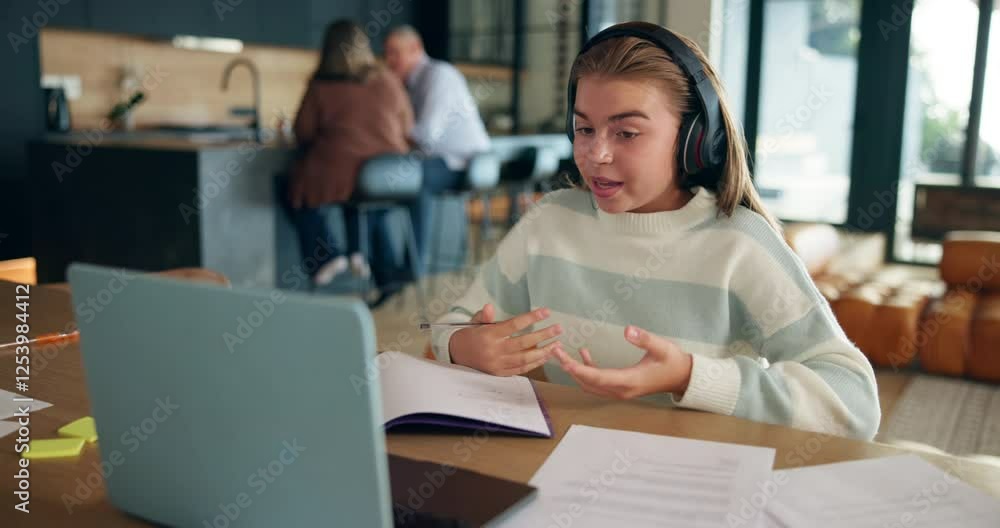 Poster laptop, homework and child on video call for online learning, education and lesson in home. school, 