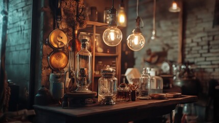Obraz premium Rustic cafe interior with hanging lights and vintage decor