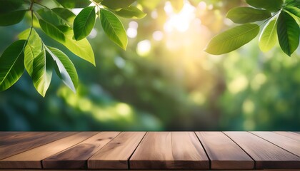beautiful tree leaves edge of wallpaper background, tropical jungle leaf, fragment, blurred forest green foliage under sunlight, with empty wooden table

