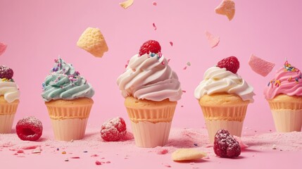 Colorful cupcakes with sprinkles and fruit on a pink background