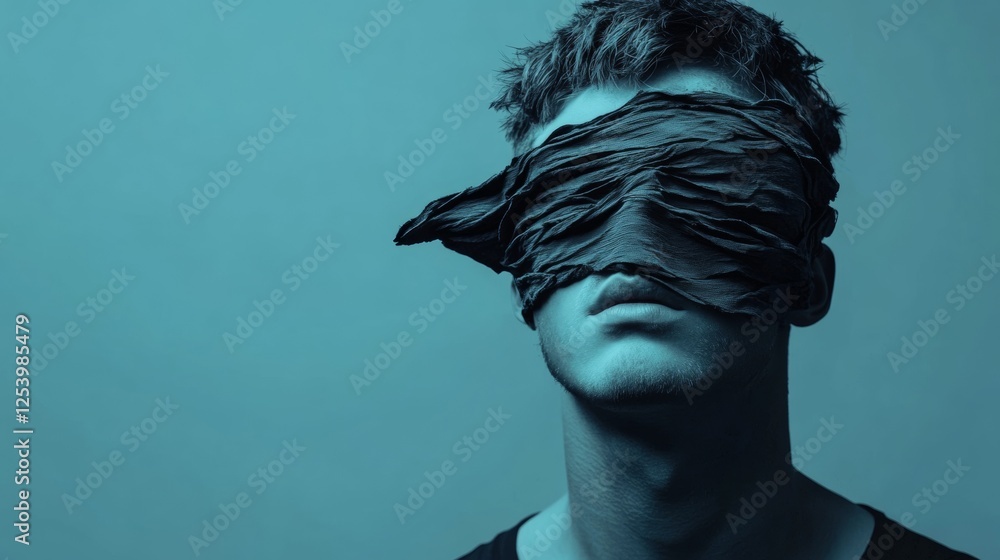 Poster man with blindfold in monochrome lighting and abstract background