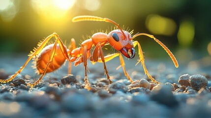 Red Ant Close-up on Gravel Path at Sunset, Golden Hour Light, Macro Photography, Nature Wildlife, Detailed Texture