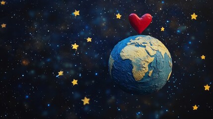 Naklejka premium Red heart resting on planet earth promoting world love day in space