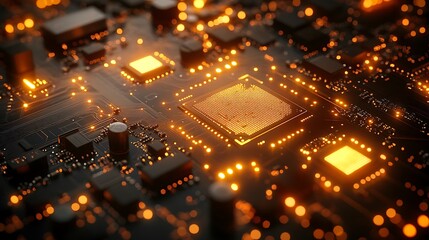 High tech golden motherboard with glowing electronic pathways