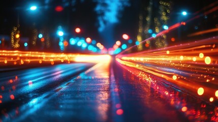 Fototapeta premium A vibrant, blurred night scene depicting light trails on a wet road.