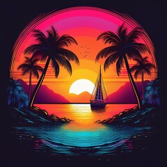 tropical sunset with palm trees and ship in the sea