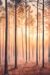 Obraz premium Majestic Loblolly Pines at Sunrise: A Symphony of Light and Nature in a Serene Forest