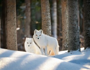 two white wolfs in the snow