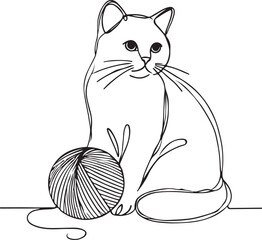 Cute Cat with Yarn Ball Simple Line Drawing