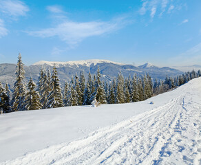 Fototapeta premium Winter calm mountain landscape with ski tracks (view from Bukovel ski resort (Ukraine) to Svydovets ridge)