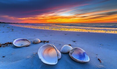 Seashells On Sandy Beach At Sunset