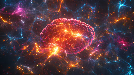 Obraz premium Illuminated human brain, neural network, connections. Neural Network Consciousness. Illustration
