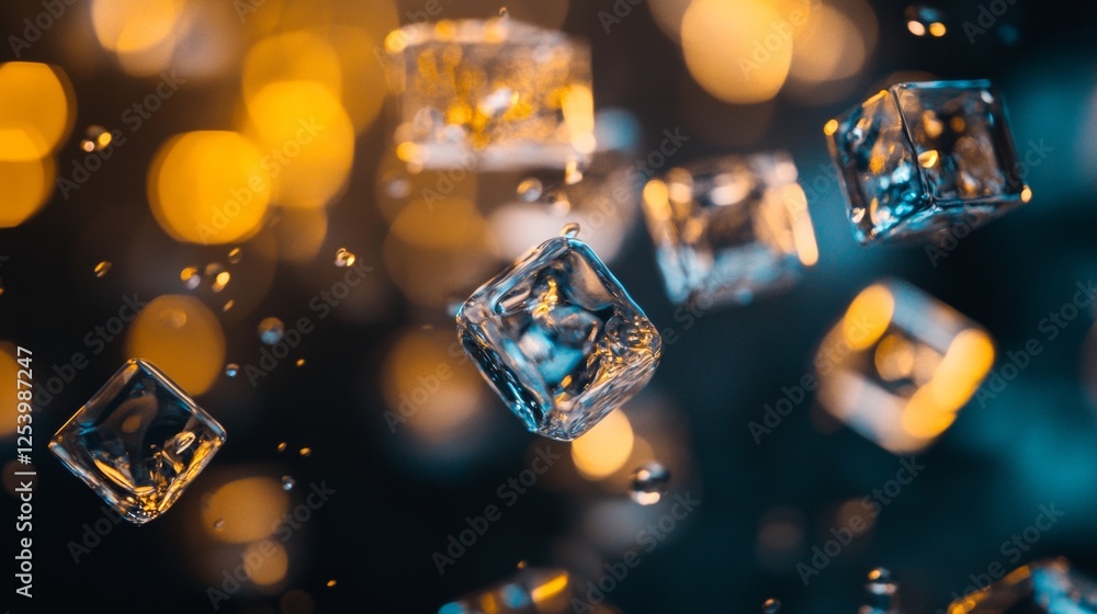 Poster floating ice cubes with glowing lights in a bokeh background