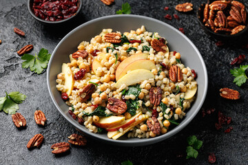 Warm barley pearl salad with kale, dried cranberries, apples and roasted pecan nuts. Healthy food