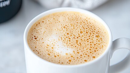 Close-up of creamy latte in white mug, marble background