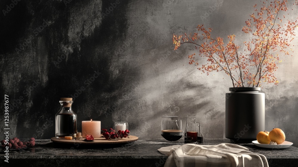 Poster rustic table setup with a vase, fruit, and candles in soft lighting