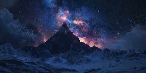 Fototapeta premium Vibrant Nebula and Starry Sky Over a Majestic Mountain Silhouette 