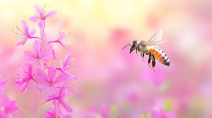 Honeybee in flight near pink flowers, soft focus background