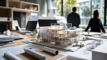 An architectural firm's design studio with architects brainstorming ideas for a sustainable housing project using digital models and sketches, Design studio scene, Sustainable architecture style