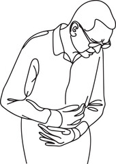 Line Drawing of Senior Man Holding Stomach in Agony