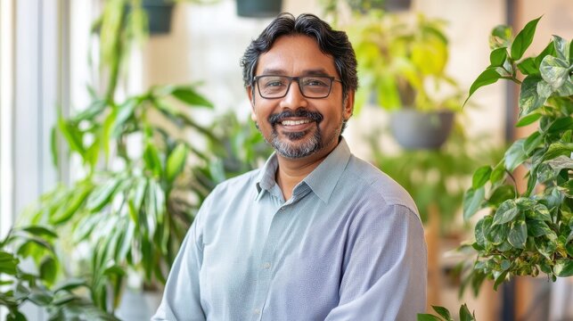 A South Asian man in his 40s thrives in a tidy, plant-filled home office - Powered by Adobe