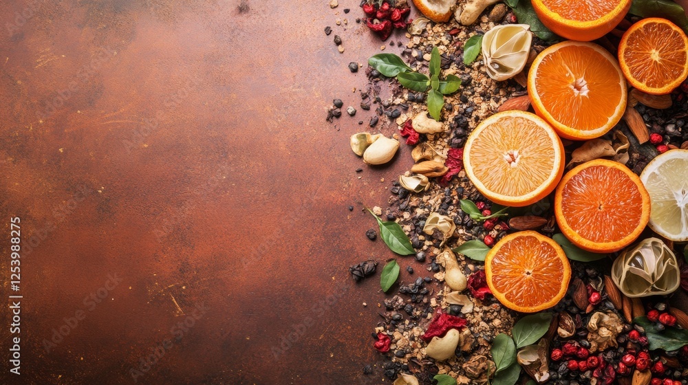 Poster flat lay of dried orange slices and spices on a rustic surface