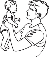Simple Line Art. Father Lifting Baby in Loving Gesture