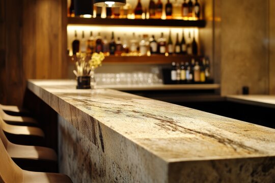 A luxurious marble bar exudes sophistication under warm, ambient lighting, inviting relaxation and conversation.