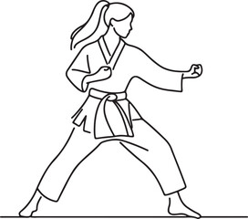 Line Art of Female Karateka. Karate Practice in Vector Illustration