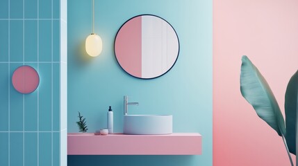 Modern pastel bathroom with round mirror and minimalist decor