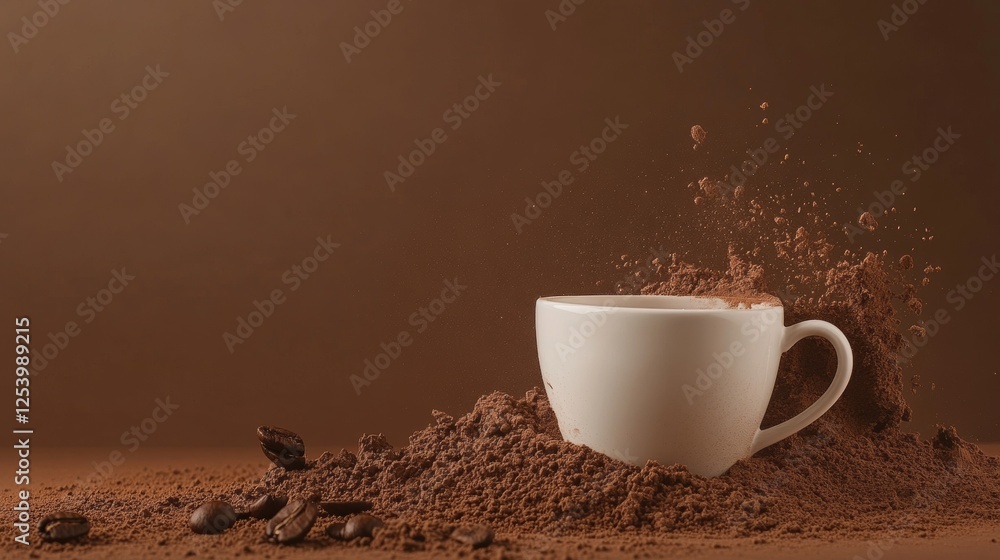 Poster cup of cocoa powder with coffee beans on a rustic background