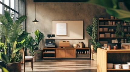 Modern home office with wooden furniture and lush greenery