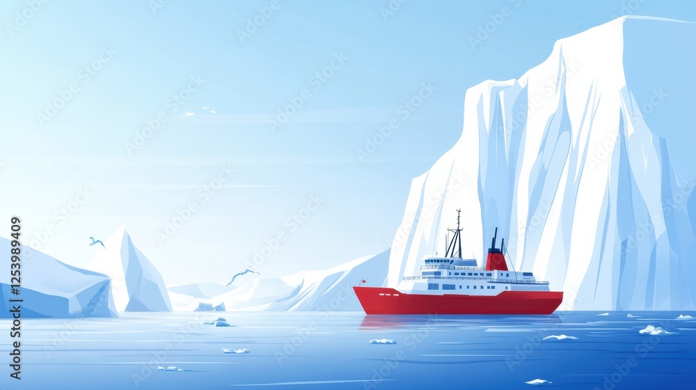 Poster icebreaker ship navigating icy waters near towering icebergs in a clear sky setting. generative ai